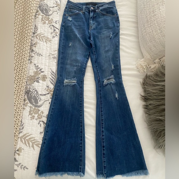 Risen Flare Distressed High Rise Jeans - Picture 6 of 12